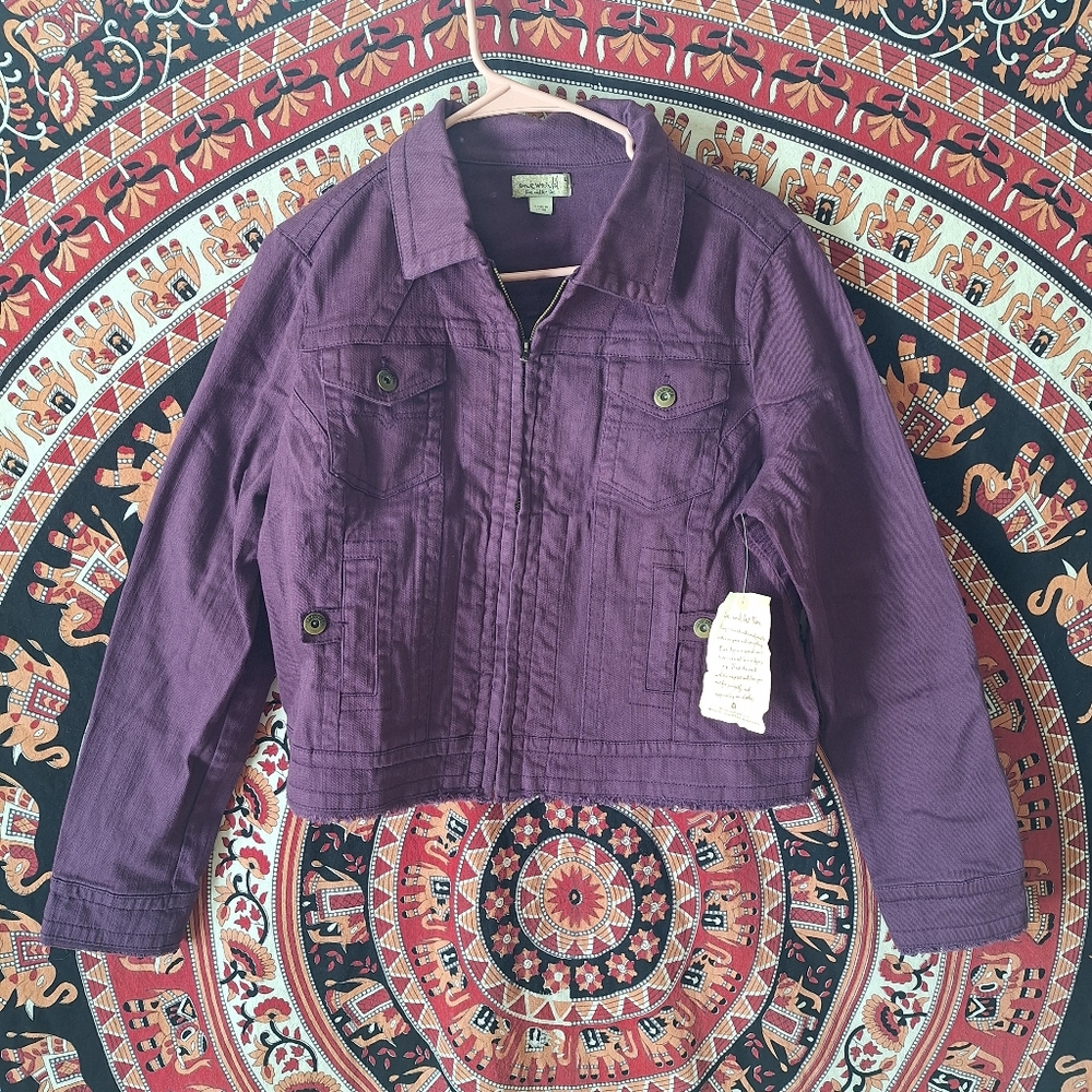 One World Deep Purple Cropped Zip-Up Denim Trucker Jacket New With Tags